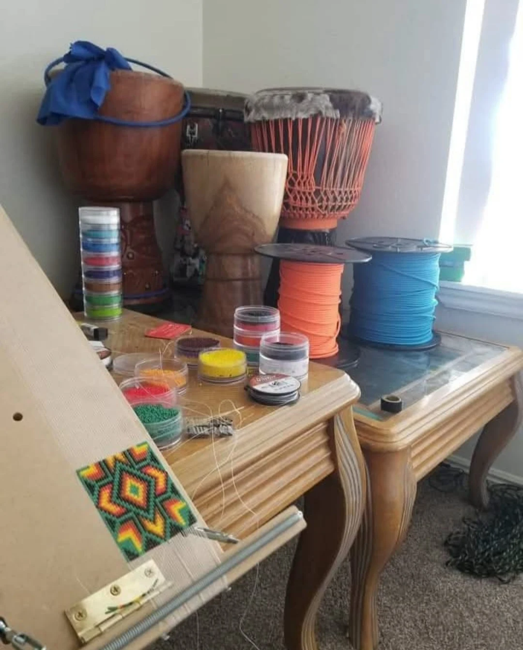 Rope, shells, and work in progress at Justin’s lacing workstation