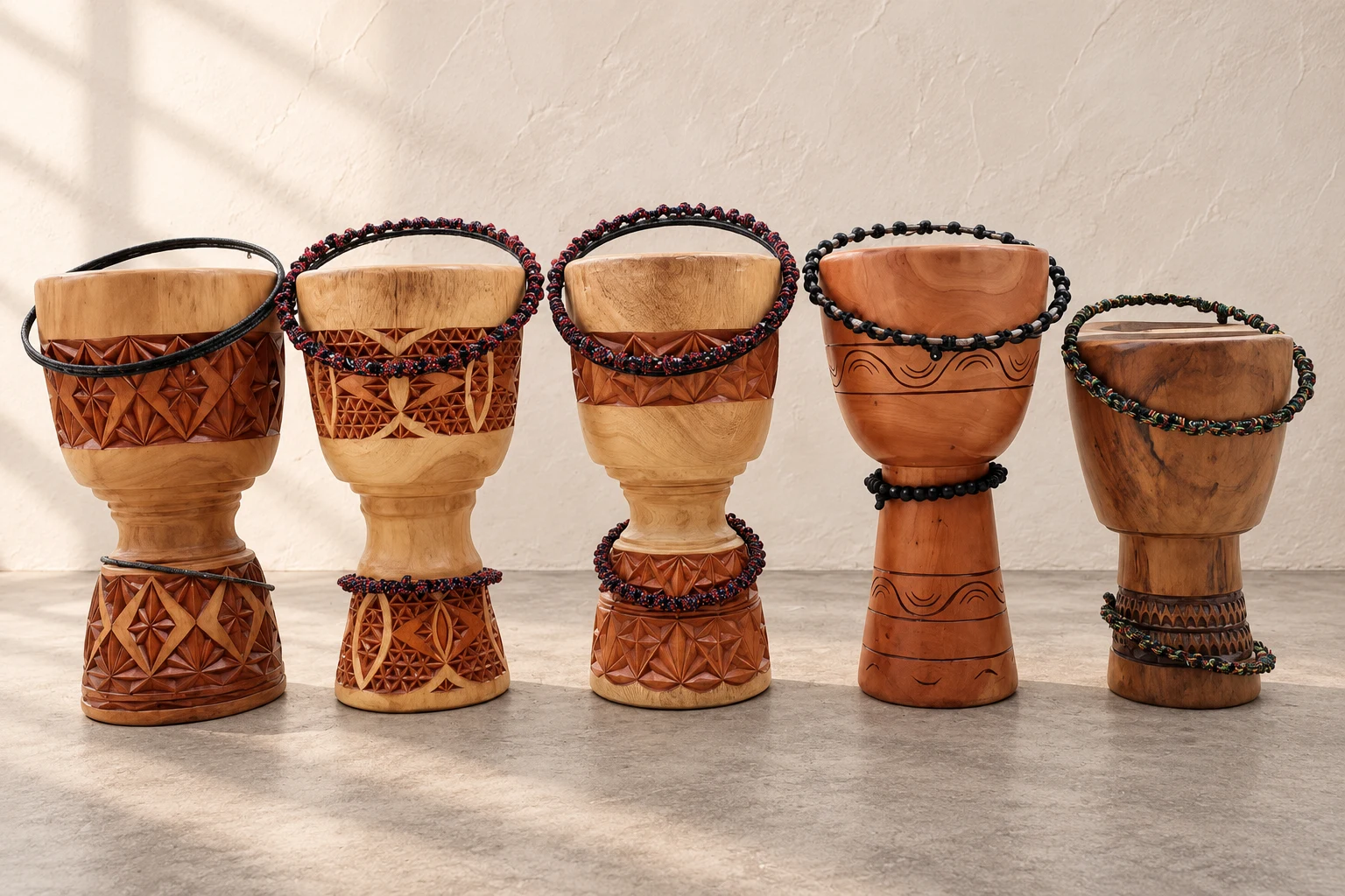 Five wooden djembe shells showing geometric carving, flowing incised lines, and natural wood grain