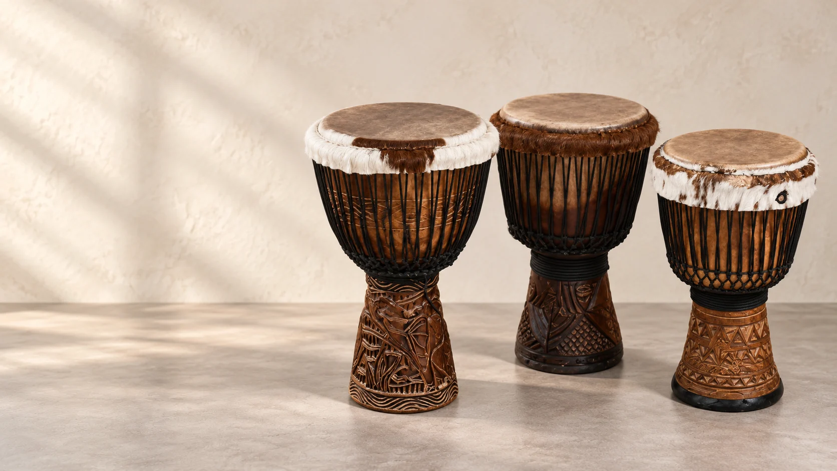 Studio interpretation of three of Justin’s djembes, with dark rope, natural hide heads, and intricate hand-carved wooden bases
