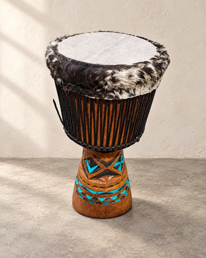Djembe with black rope and turquoise and dark geometric carving on its base