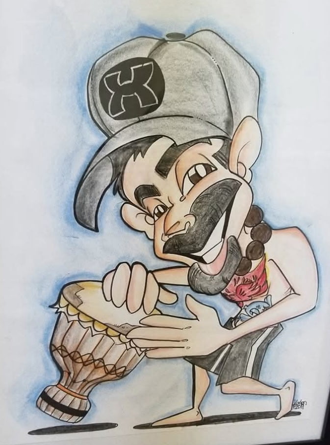 A playful drawing of Justin Paz smiling and playing one of his djembe drums